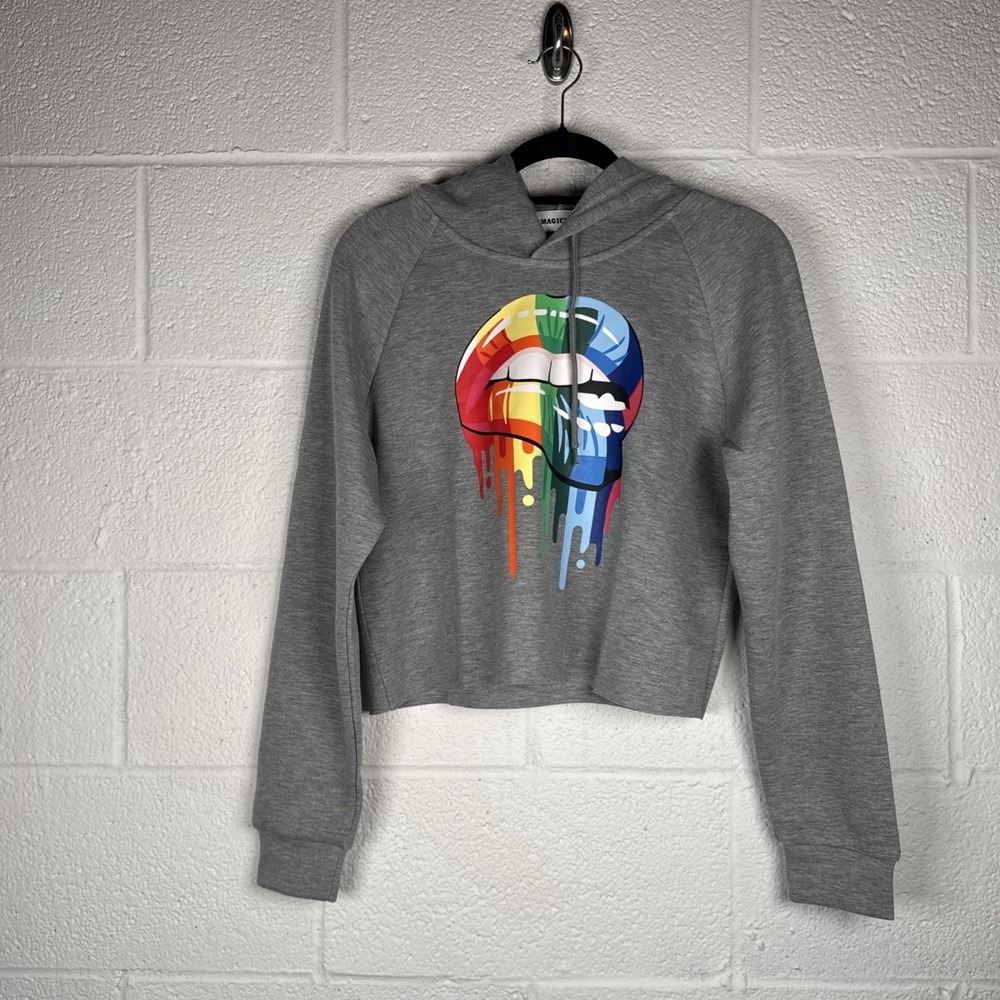 NWOT MAGICMK Gray Cropped Hoodie Dripping Rainbow Lips Graphic Sweatshirt Size S